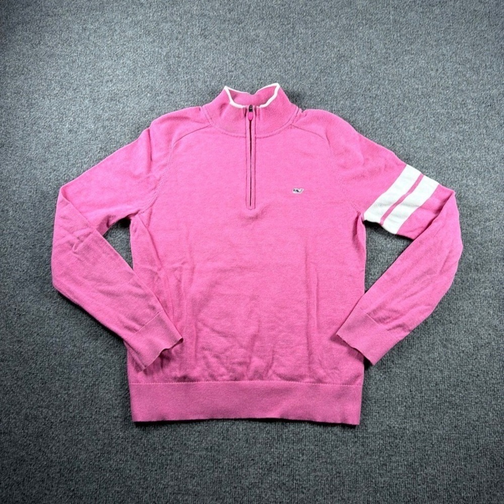 Vineyard Vines Quarter Zip Sweater Womens Medium Pink Varsity Stripe Pullover
